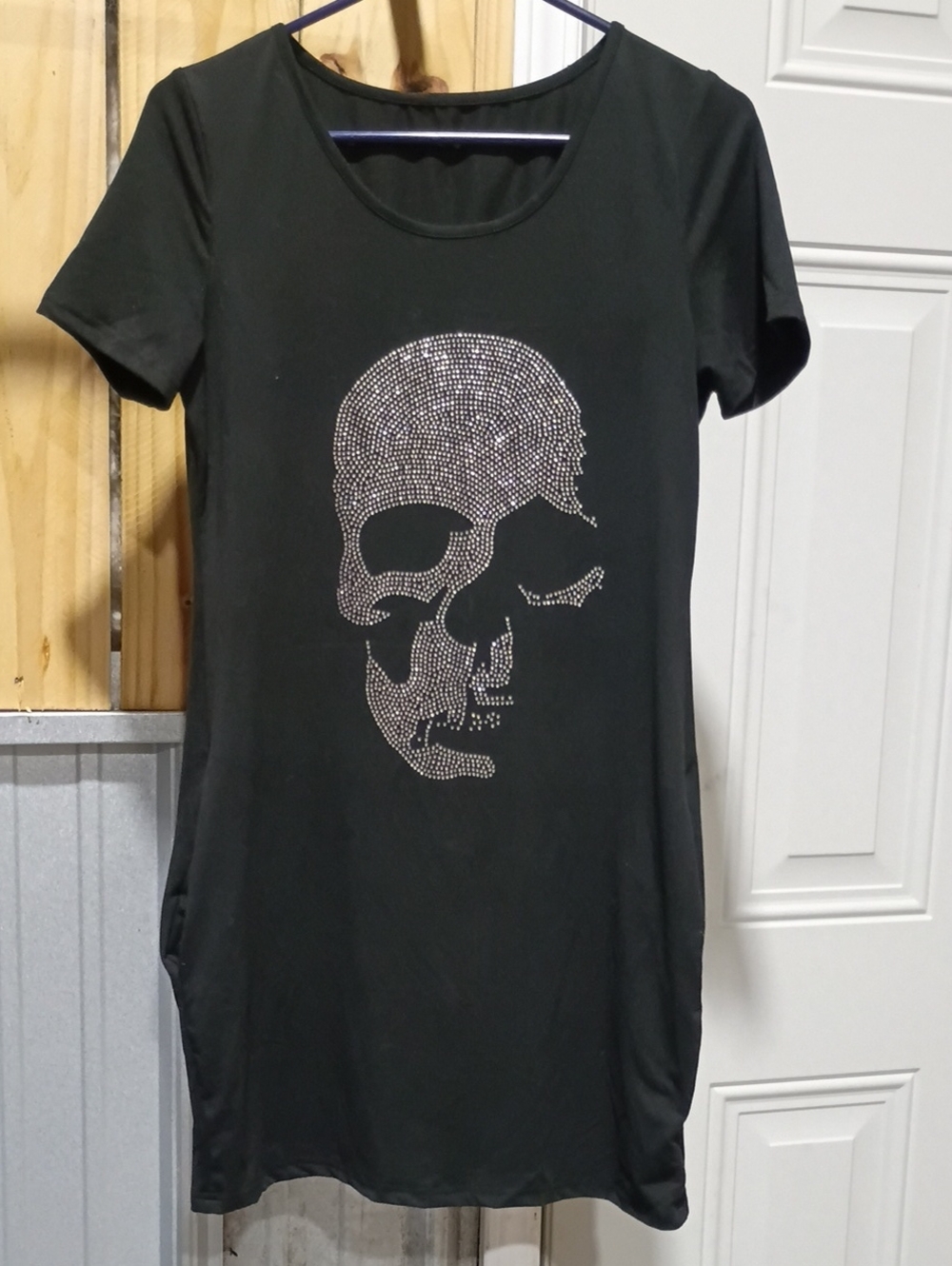 Black Skull Rhinestone Short Sleeve Women's Dress